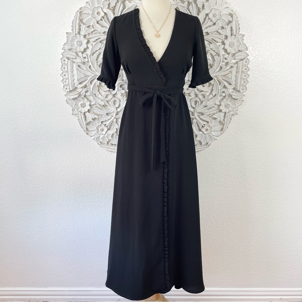 {Fauxgerty} Marianne Black Ruffle-Trimmed Wrap Dress, Size XXS, NWT